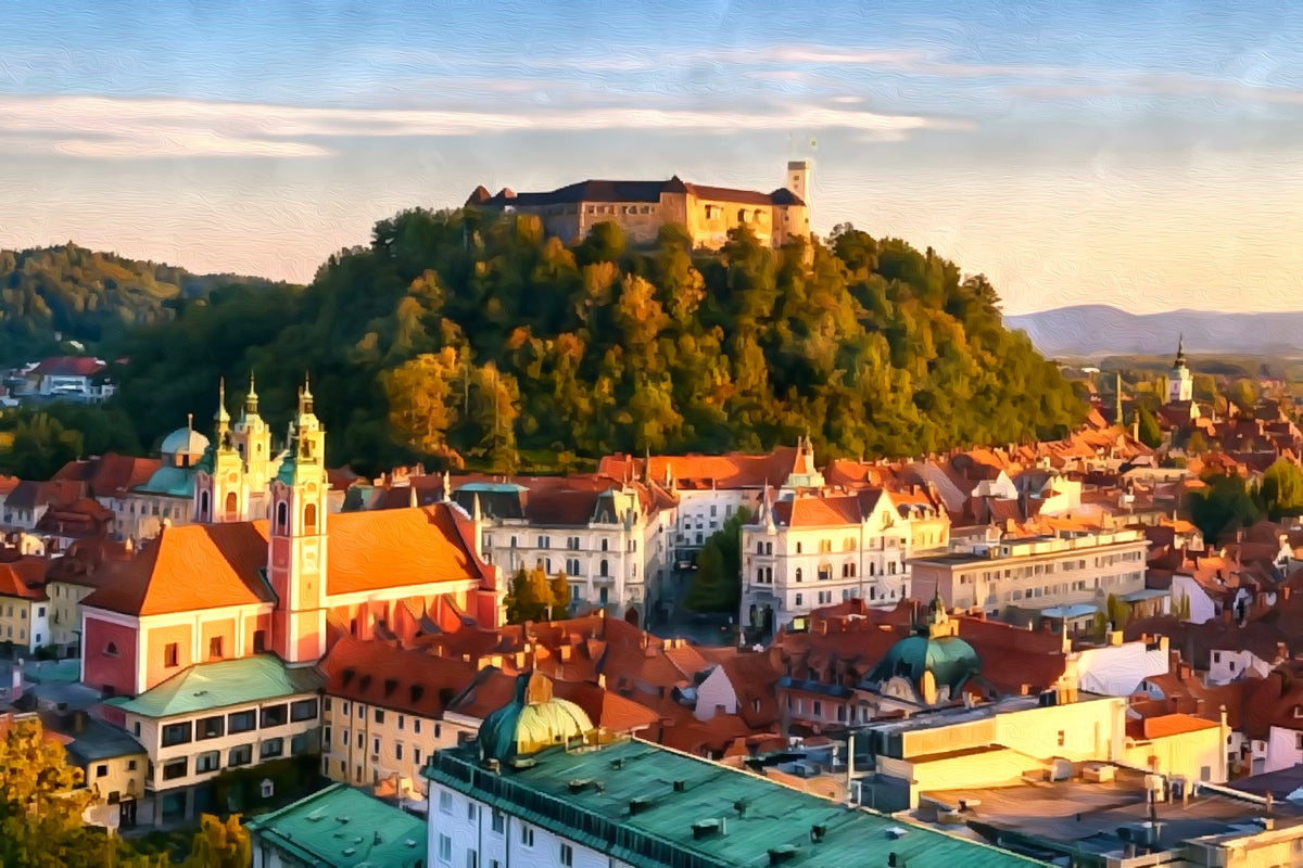 Ljubljana Castle Hill Cityscape gallery canvas, unframed and in an espresso floating frame — Ljubljana, Slovenia