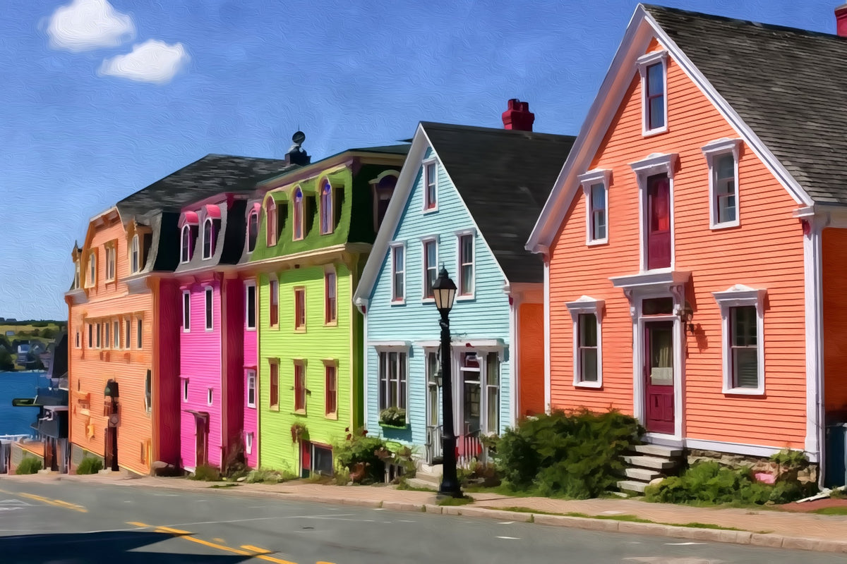 Lunenburg Colourful Row Houses gallery canvas, unframed and in an espresso floating frame — Lunenburg, Nova Scotia