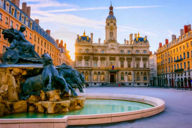 Place des Terreaux Fountain, Lyon watercolor canvas