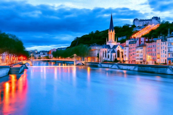 Saone River Saint Georges Church, Lyon watercolor canvas