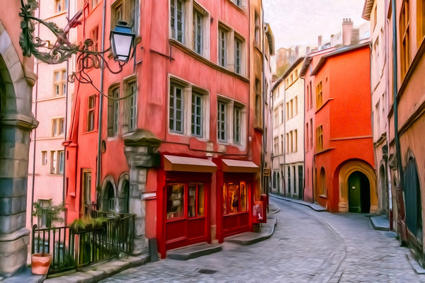 Vieux Lyon Cobblestone Street, Lyon watercolor canvas