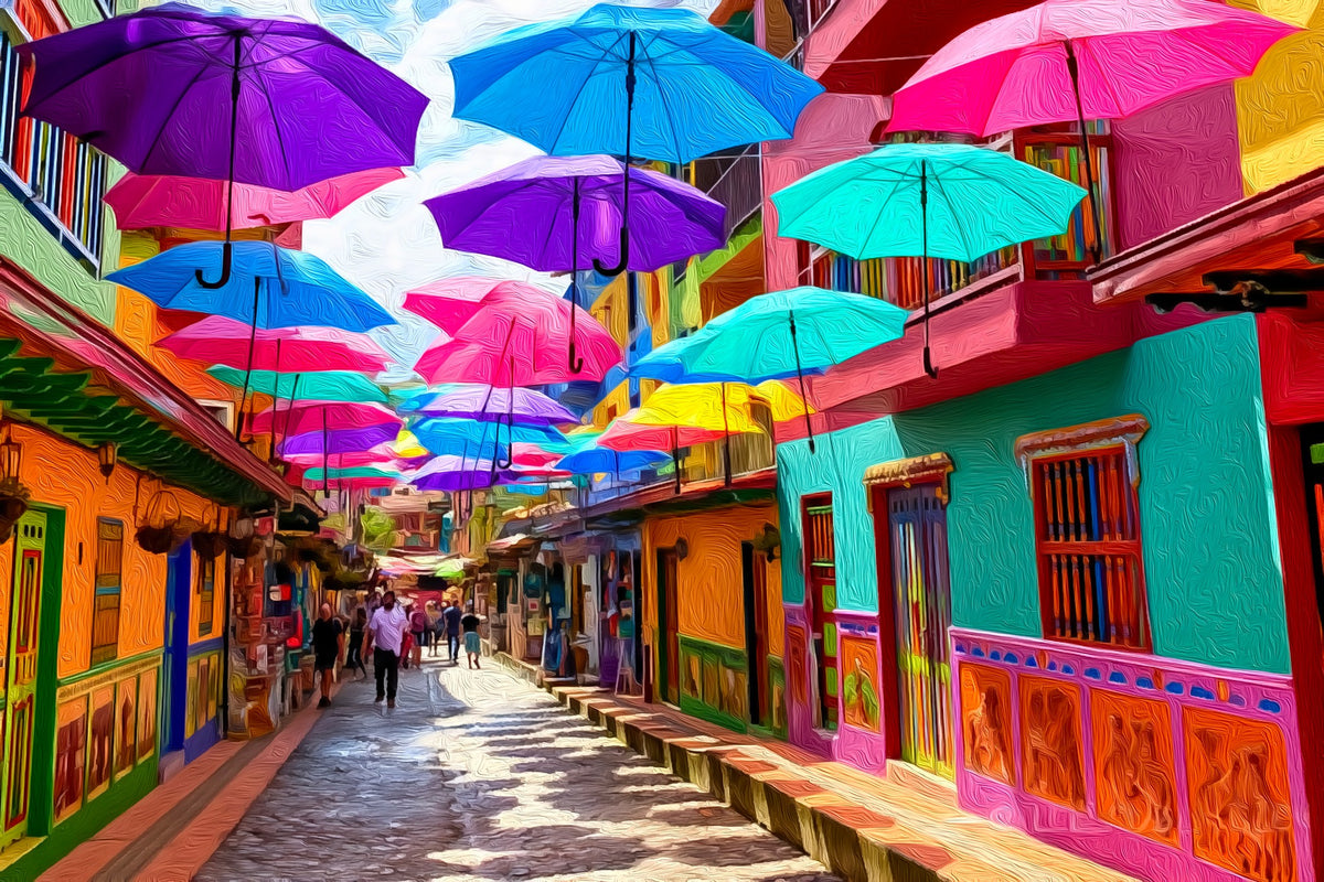 Guatapé Street Umbrella Alley gallery canvas, unframed and in an espresso floating frame — Medellín, Colombia