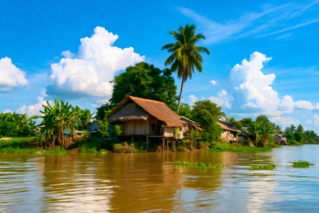 Mekong Delta Stilt Village, Mekong Delta watercolor canvas