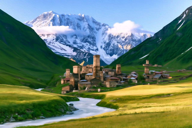Ushguli Medieval Tower Village, Mestia watercolor canvas