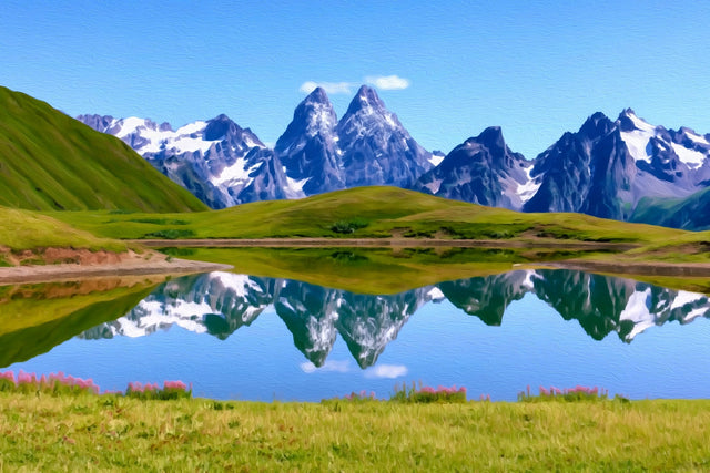 Koruldi Lakes Mountain Reflection, Mestia watercolor canvas