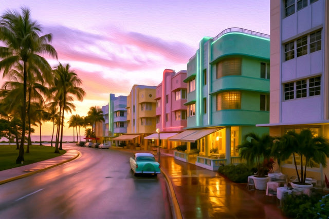 Ocean Drive Art Deco Strip, Miami watercolor canvas