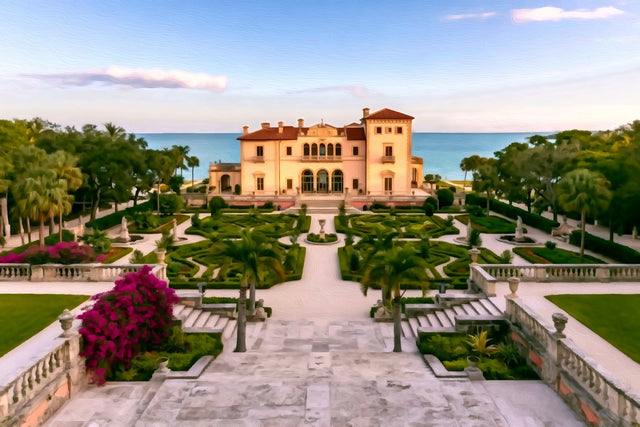 Coral Gables Oceanfront Estate Gardens, Miami watercolor canvas