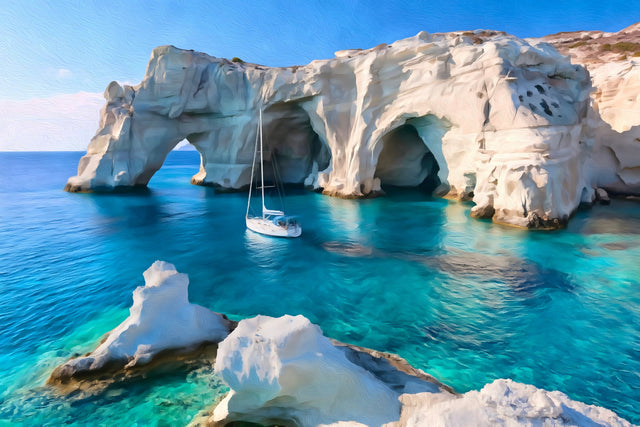Kleftiko Sea Caves Arches, Milos watercolor canvas