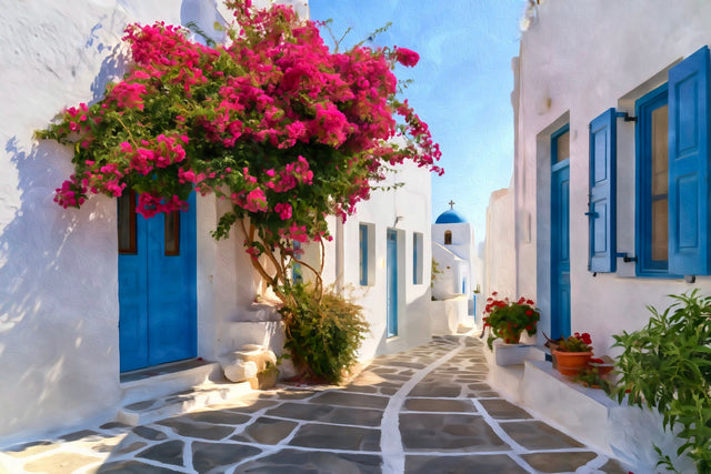 Milos Blue Door Alley, Milos watercolor canvas