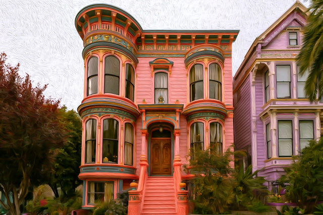 Victorian Painted Ladies Houses, Mission District watercolor canvas