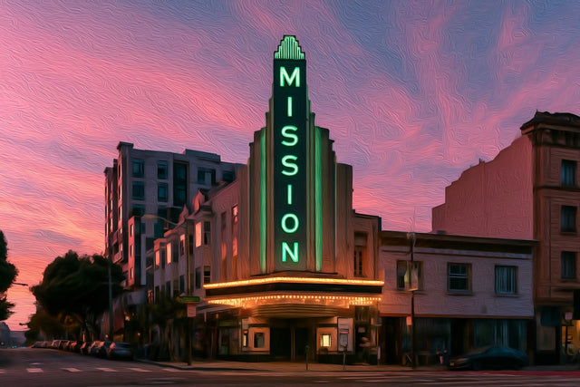 Mission District Vintage Theater, Mission District watercolor canvas