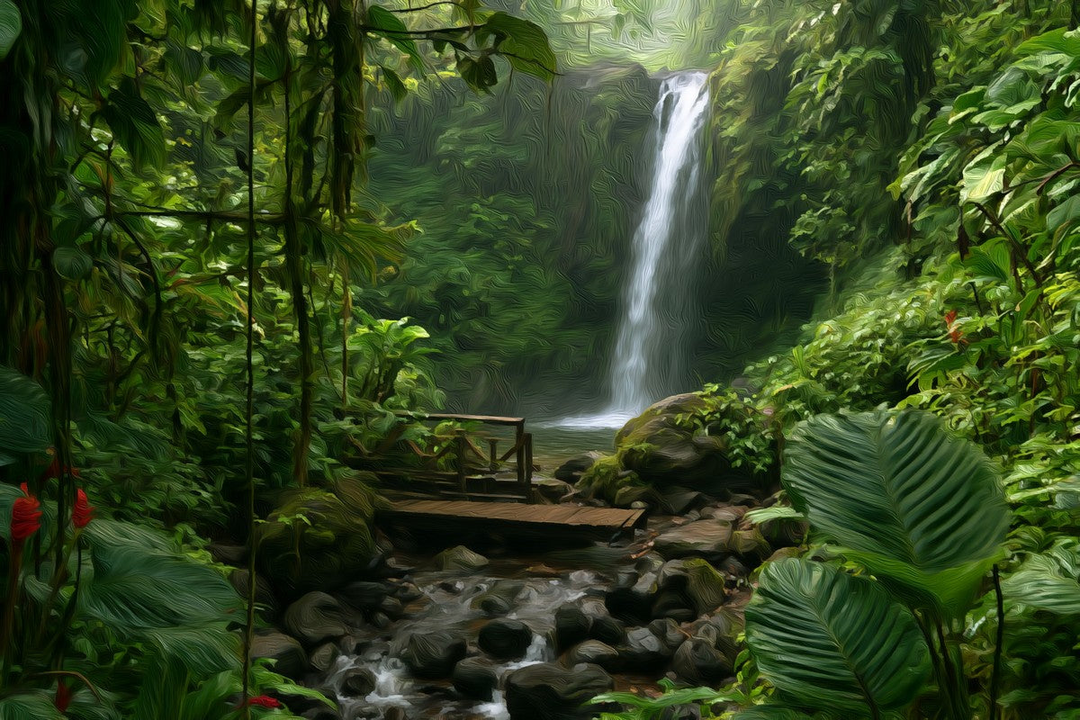La Paz Waterfall Gardens gallery canvas, unframed and in an espresso floating frame — Monteverde, Costa Rica