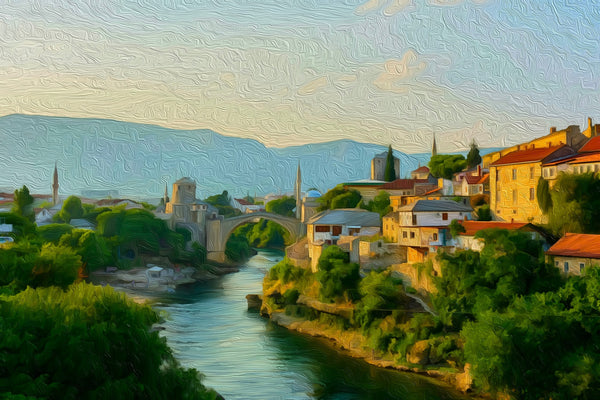 Old Bridge and Neretva, Mostar watercolor canvas