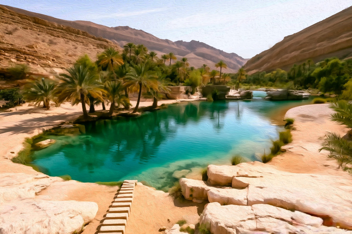 Wadi Bani Khalid Oasis Pool gallery canvas, unframed and in an espresso floating frame — Muscat, Oman