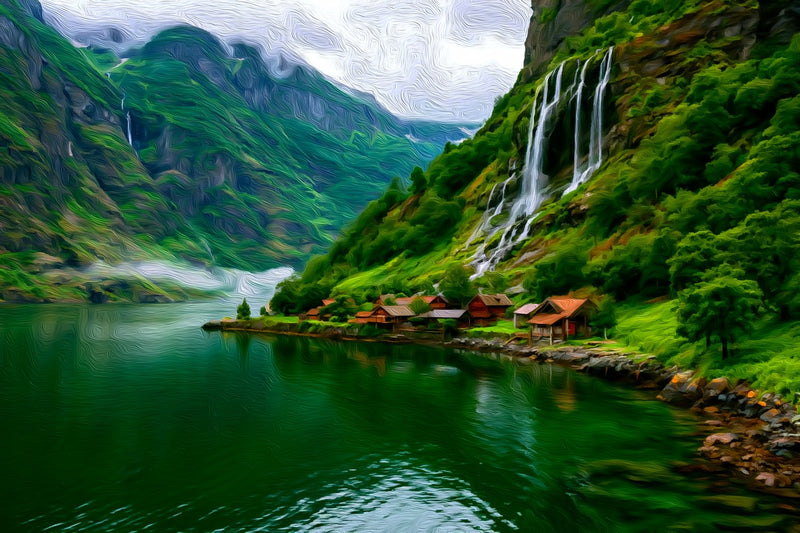 Fjord Village Waterfall Vista, Nærøyfjord canvas