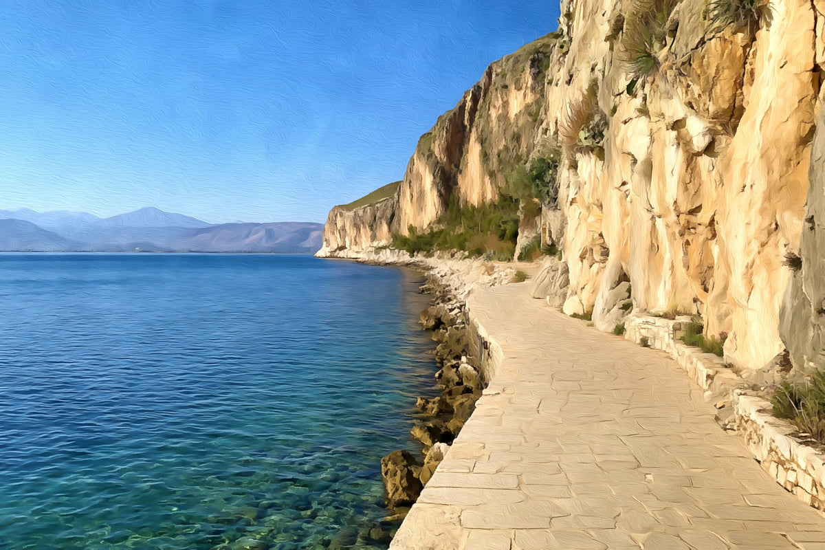 Nafplio Seaside Cliff Promenade gallery canvas, unframed and in an espresso floating frame — Nafplio, Greece