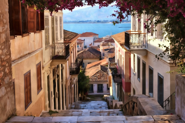 Nafplio Old Town Stairway, Nafplio watercolor canvas