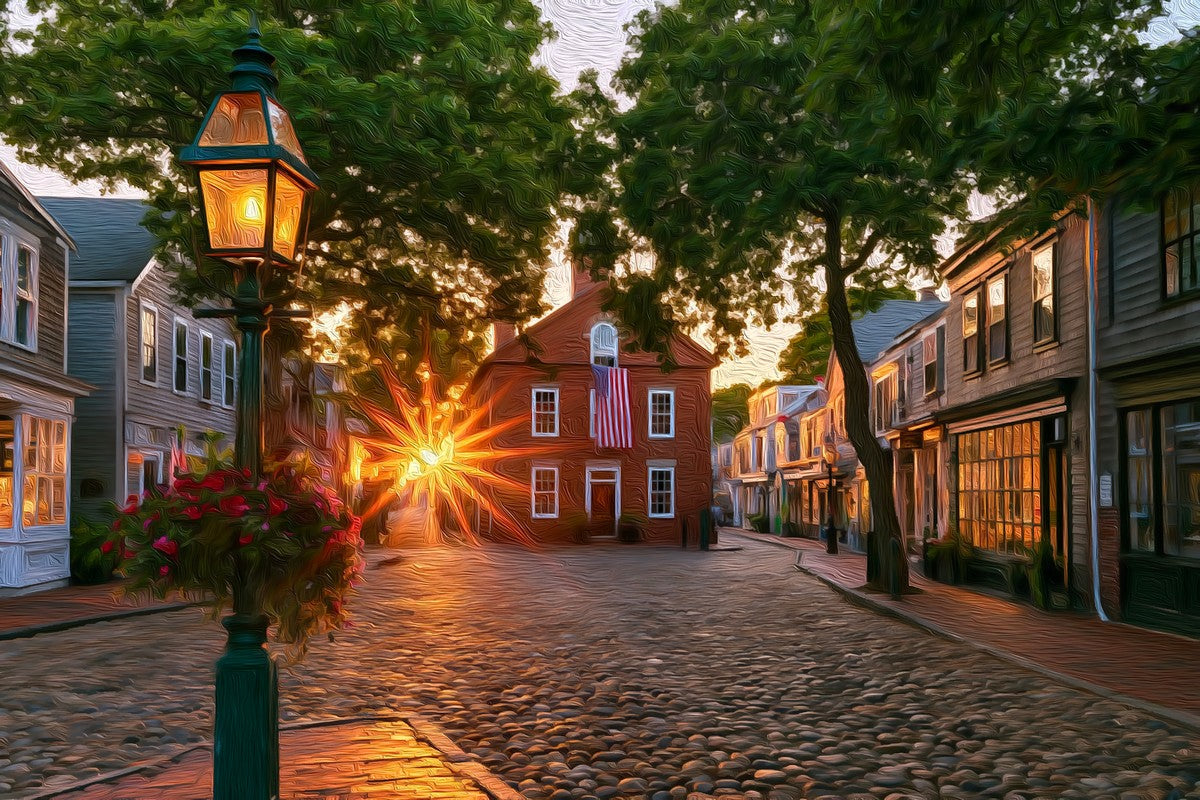 Nantucket Main Street Cobblestones gallery canvas, unframed and in an espresso floating frame — Nantucket, Massachusetts