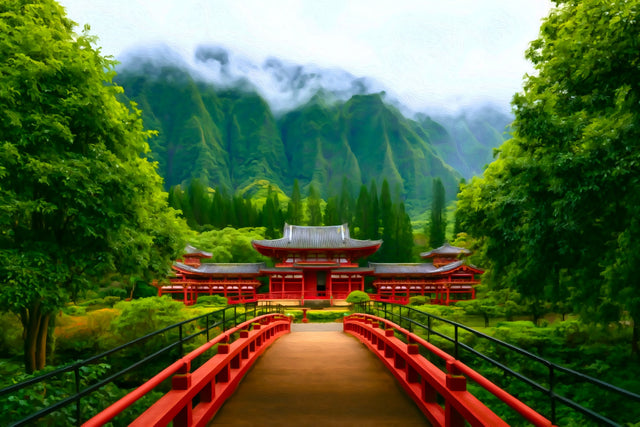 Byodo-In Temple Bridge, Oahu watercolor canvas
