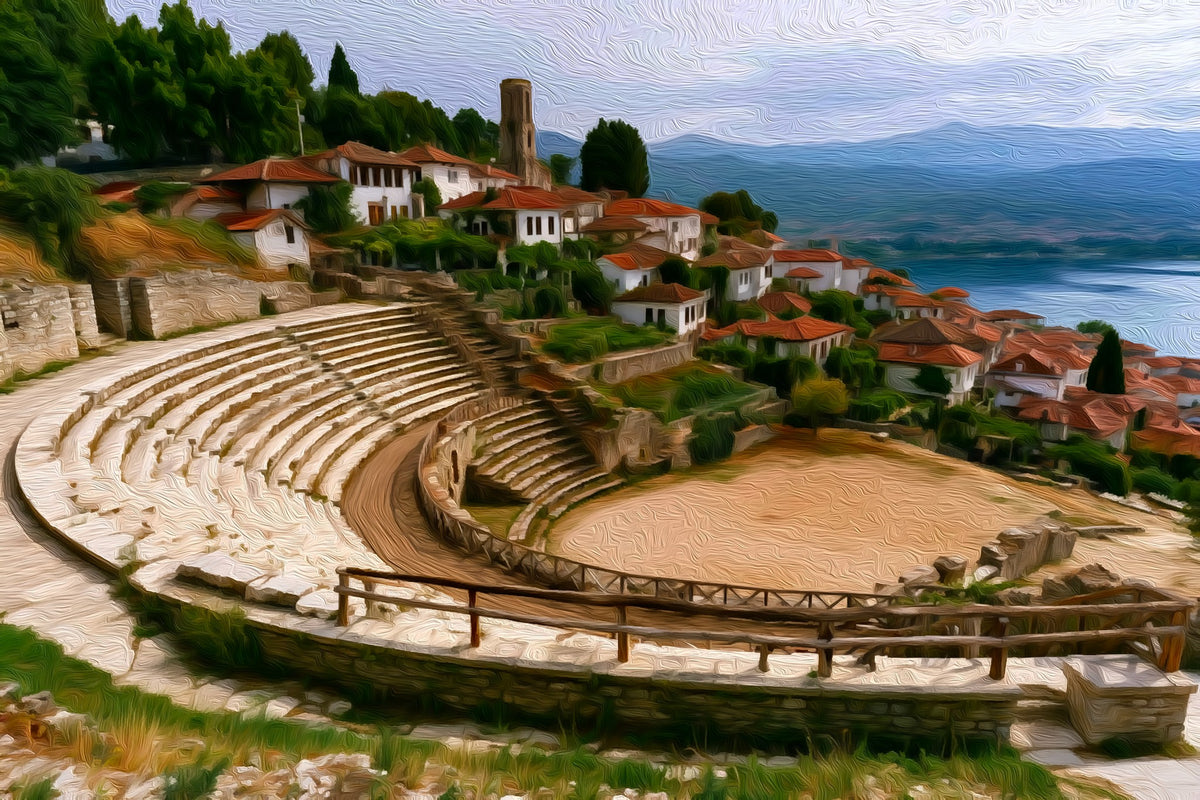 Ancient Theatre of Ohrid gallery canvas, unframed and in an espresso floating frame — Ohrid, North Macedonia