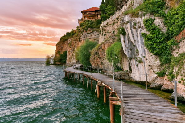 Ohrid Lakeside Cliff Boardwalk, Ohrid watercolor canvas