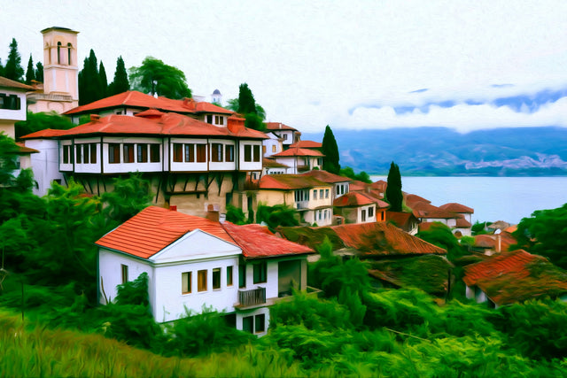 Ohrid Old Town Hillside, Ohrid watercolor canvas
