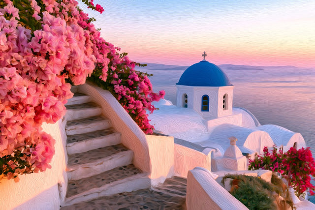 Oia Blue Dome Church, Oia watercolor canvas