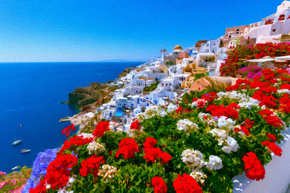 Oia Clifftop Village Caldera, Oia watercolor canvas