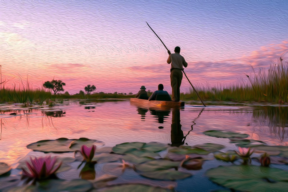 Okavango Delta Mokoro Safari gallery canvas, unframed and in an espresso floating frame — Okavango Delta, Botswana