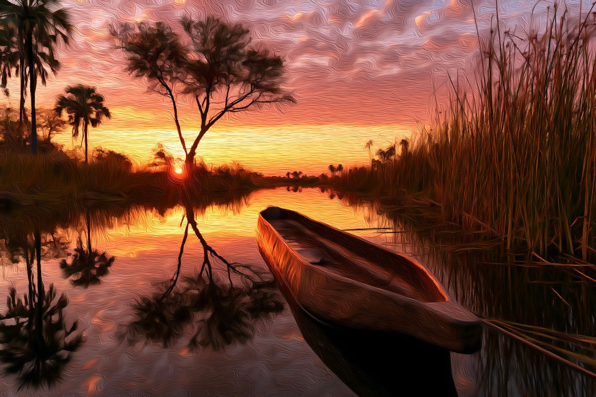 Okavango Delta Mokoro Sunset gallery canvas, unframed and in an espresso floating frame — Okavango Delta, Botswana
