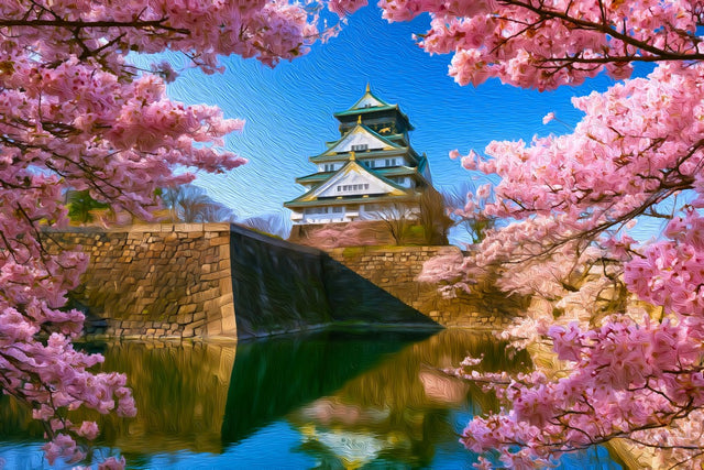Osaka Castle Moat Cherry Blossoms, Osaka watercolor canvas