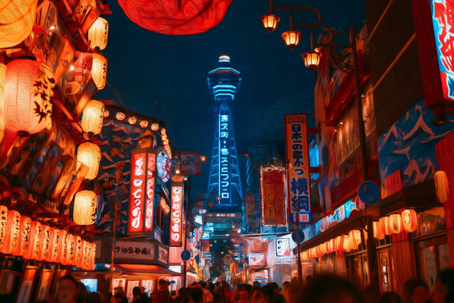 Shinsekai District Neon Night, Osaka watercolor canvas
