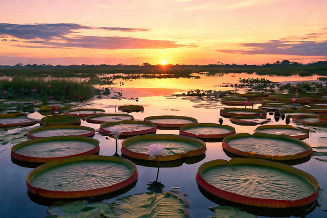 Victoria Amazonica Lily Pads Sunset, Pantanal watercolor canvas