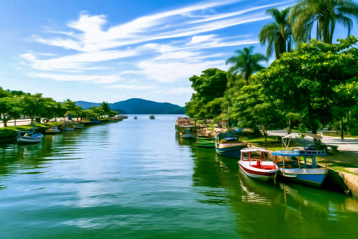 Paraty Canal Waterfront Boats gallery canvas, unframed and in an espresso floating frame — Paraty, Brazil