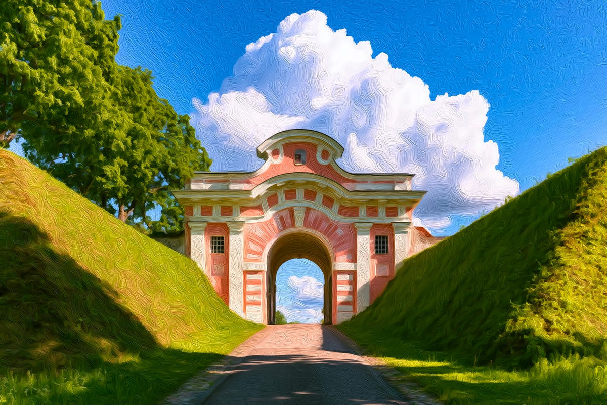Pärnu Red Tower Gate gallery canvas, unframed and in an espresso floating frame — Pärnu, Estonia