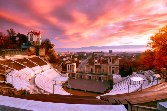 Ancient Roman Theatre Plovdiv, Plovdiv watercolor canvas