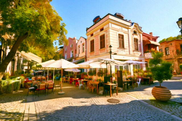 Plovdiv Old Town Cafe Square, Plovdiv watercolor canvas