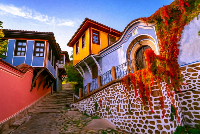 Old Town Cobblestone Street, Plovdiv watercolor canvas