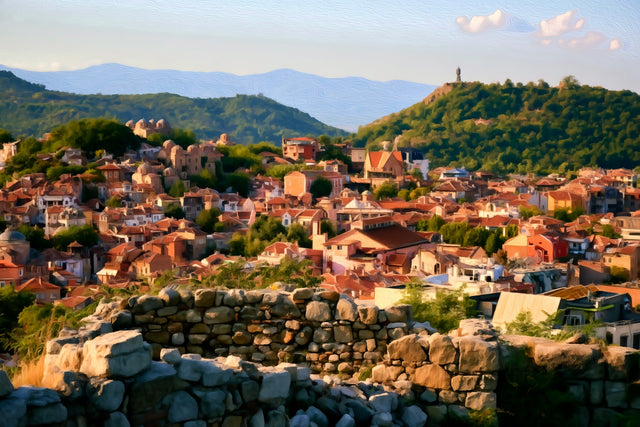 Plovdiv Old Town Skyline, Plovdiv watercolor canvas