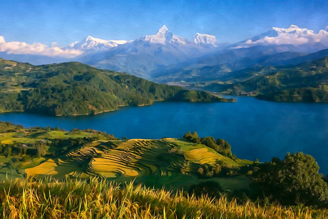 Phewa Lake Annapurna Panorama, Pokhara watercolor canvas