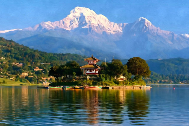 Phewa Lake Pagoda Pokhara, Pokhara watercolor canvas