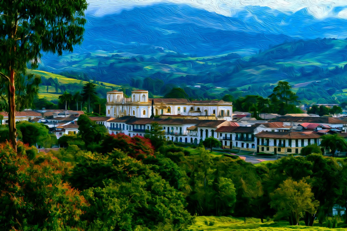 Popayán Cathedral Historic Center gallery canvas, unframed and in an espresso floating frame — Popayan, Colombia