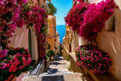 Positano Bougainvillea Stairway Alley, Positano watercolor canvas