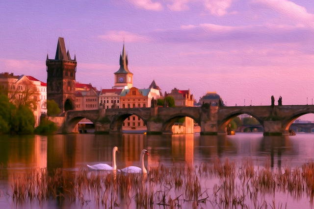 Charles Bridge Vltava River, Prague watercolor canvas
