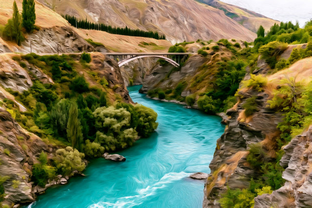 Kawarau River Canyon Bridge, Queenstown watercolor canvas