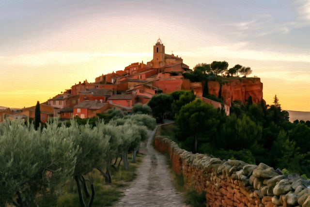 Roussillon Village Hilltop Church, Roussillon watercolor canvas