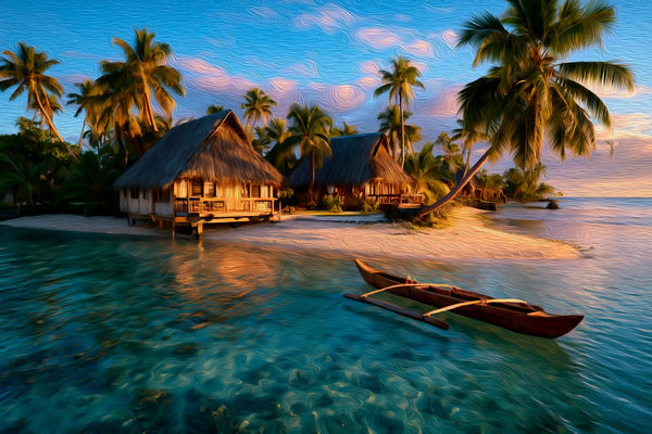 Tropical Island Beach Bungalows, Samoa Islands watercolor canvas