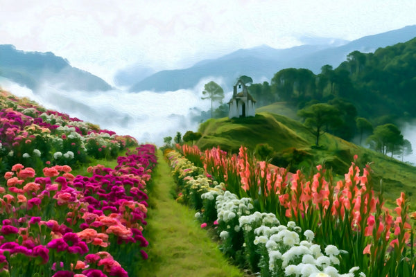 Hilltop Chapel Flower Fields, San Cristobal de las Casas watercolor canvas