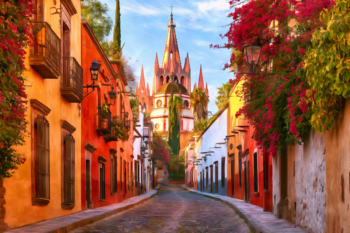 Aldama Street Parish Spires gallery canvas, unframed and in an espresso floating frame — San Miguel de Allende, Mexico