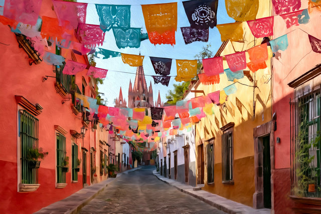 Aldama Street Papel Picado, San Miguel de Allende watercolor canvas